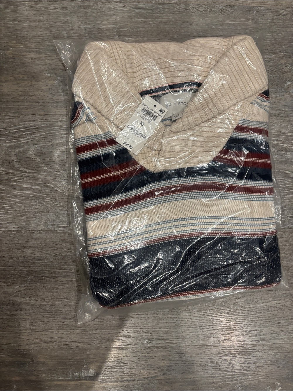 Sun + Stone Striped Shawl Collar Cardigan in Cream, Navy & Burgundy